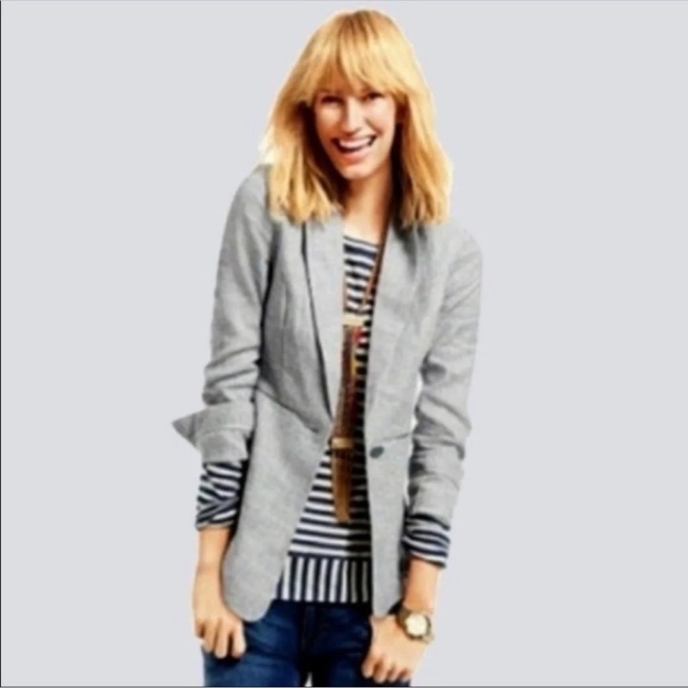 CABI Blue Grey Linen Beachwalker Long Sleeve Blazer Jacket women size 4